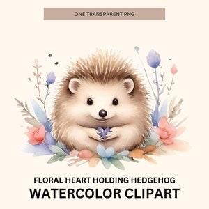 Clipart hérisson floral pour la fabrication de cartes, aquarelle animal de la forêt PNG, Art imprimable pour chambre d'enfant, hérisson tenant un fichier png pour scrapbooking coeur