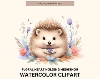 Floral Hedgehog Clipart for Card Making, Watercolor Forest Animal PNG, Printable Nursery Art, Hedgehog holding a Heart Scrapbooking png file