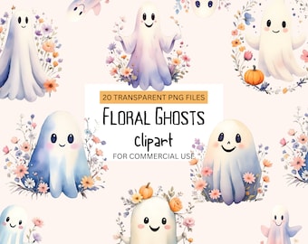 Söt blommig spöke Clipart PNG, kusliga vibbar PNG, boho akvarell spöke med blommor, retro spökälskare skjortfil, POD och gratis kommersiellt bruk