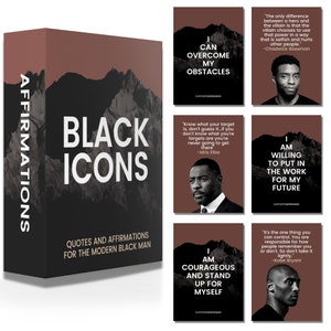 Peut inclure: Un livre intitul&eacute; "Black Icons: Quotes and Affirmations for the Modern Black Man" avec une couverture brune et un motif de cha&icirc;ne de montagnes. La couverture pr&eacute;sente le texte "Black Icons" en blanc et les mots "Quotes and Affirmations for the Modern Black Man" en blanc plus petit. Le livre est entour&eacute; de cinq cartes avec des citations inspirantes et des images d'ic&ocirc;nes noires.