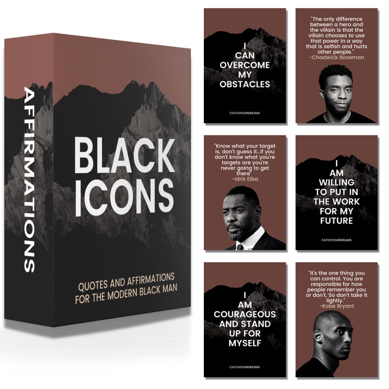 Peut inclure: Un livre intitul&eacute; "Black Icons: Quotes and Affirmations for the Modern Black Man" avec une couverture brune et un motif de cha&icirc;ne de montagnes. La couverture pr&eacute;sente le texte "Black Icons" en blanc et les mots "Quotes and Affirmations for the Modern Black Man" en blanc plus petit. Le livre est entour&eacute; de cinq cartes avec des citations inspirantes et des images d'ic&ocirc;nes noires.