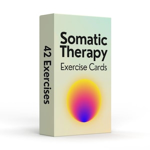 May include: A box of 42 Somatic Therapy Exercise Cards. The box is beige with a yellow, pink, and blue gradient circle on the front. The text "Somatic Therapy Exercise Cards" is in black.