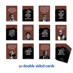Peut inclure: Cinquante cartes recto-verso avec des citations inspirantes et des images de personnes c&eacute;l&egrave;bres. Les cartes pr&eacute;sentent un fond rouge avec un motif de cha&icirc;ne de montagnes. Les citations incluent : "Je suis capable de d&eacute;passer mes erreurs", "Je suis rempli de but, de vision et de capacit&eacute;", "Je suis libre de cr&eacute;er la vie que je veux vivre", "Je peux devenir tout ce que je veux", "Choisir la discipline plut&ocirc;t que le regret", "S'efforcer d'&ecirc;tre le meilleur dans ce que je fais".