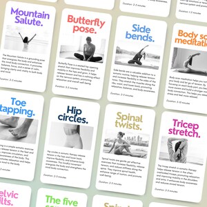 May include: A set of 10 illustrated cards with different yoga poses, each with a title and a brief description of the pose. The cards are designed to help people learn and practice yoga at home.