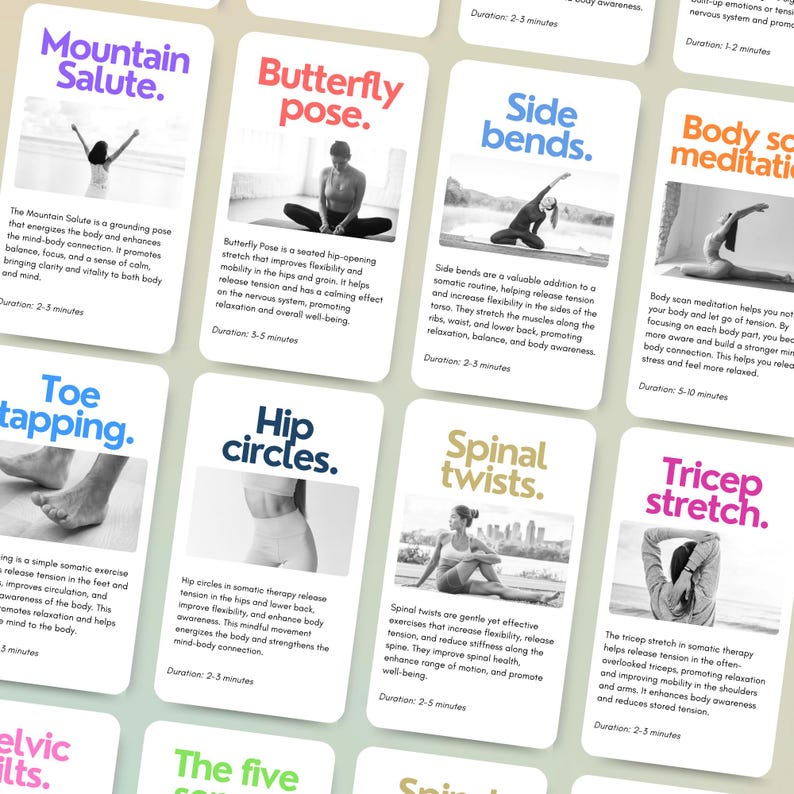 May include: A set of 10 illustrated cards with different yoga poses, each with a title and a brief description of the pose. The cards are designed to help people learn and practice yoga at home.