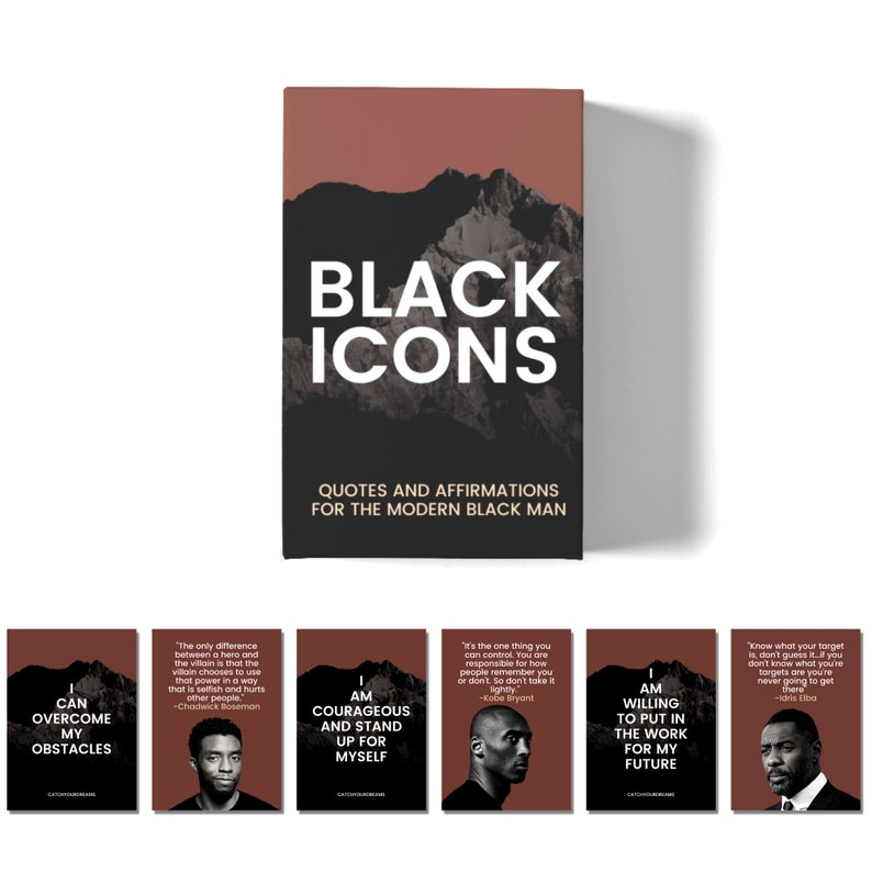 Peut inclure: Une bo&icirc;te de cartes avec un fond brun et une cha&icirc;ne de montagnes en arri&egrave;re-plan. La bo&icirc;te porte le texte "Black Icons" en lettres blanches. Le texte "Citations et affirmations pour l'homme noir moderne" est &eacute;galement sur la bo&icirc;te en lettres blanches. La bo&icirc;te est entour&eacute;e de cinq cartes avec des citations de c&eacute;l&egrave;bres hommes noirs. Les citations portent sur le d&eacute;passement des obstacles, le courage, le travail acharn&eacute; et la connaissance de son objectif.