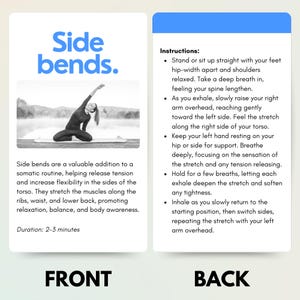 May include: A black and white illustration of a person performing a side bend exercise. The text "Side bends." is at the top of the image. The text "Instructions:" is at the top of the right side of the image. The text "Duration: 2-3 minutes" is at the bottom of the left side of the image. The text "FRONT" is at the bottom of the left side of the image. The text "BACK" is at the bottom of the right side of the image.