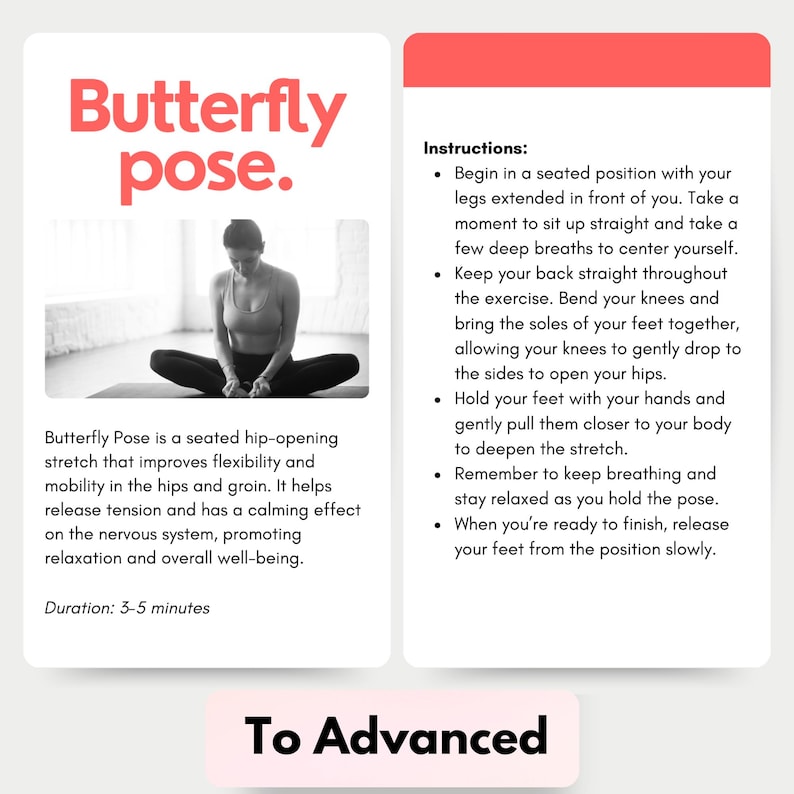 May include: A woman demonstrates the Butterfly Pose, a seated hip-opening stretch that improves flexibility and mobility. The pose is shown on a pink yoga mat with instructions for the pose on the right side of the image. The text includes "Butterfly Pose is a seated hip-opening stretch that improves flexibility and mobility in the hips and groin. It helps release tension and has a calming effect on the nervous system, promoting relaxation and overall well-being. Duration: 3-5 minutes".