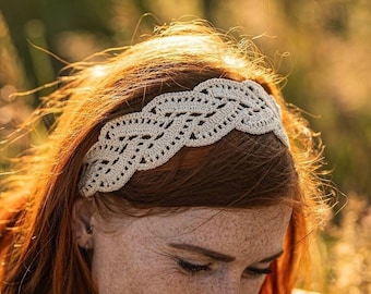 Wide crocheted boho hair band made of fine macrame yarn