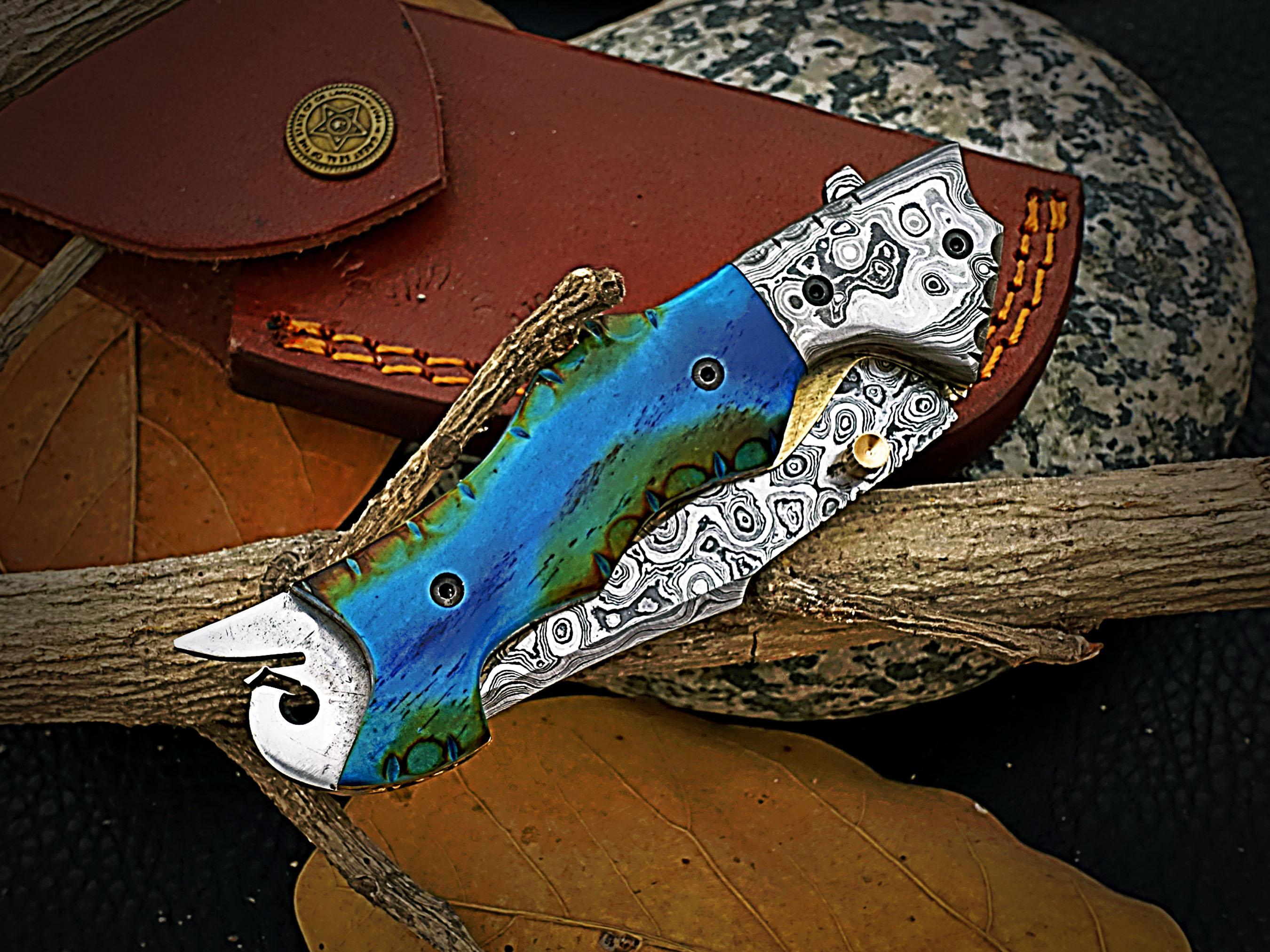 Custom Hand Made Damascus Steel Engraved Folding Knife FD-9