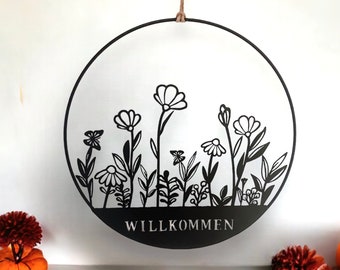 25 cm großer Türkranz I Willkommen  Haus Metallring Geschenk Hauseinweihung Freundin Türschild Holzschild Eingang neues Heim Zuhause