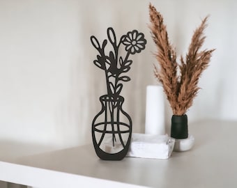 Metall Blumen Wanddeko 3D schwarz matt Vase Blumen 25 cm zum Hängen oder Stellen
