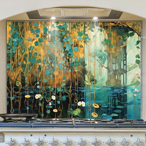 Tempered Glass Kitchen Backsplash: Multicolored Gold Yellow Green