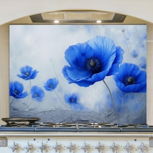 May include: A kitchen backsplash featuring a vibrant floral design. The artwork showcases large, vivid blue poppy flowers against a soft, blurred background. The flowers have dark centers and delicate petals, adding a touch of nature to the kitchen.