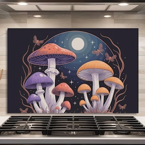 May include: A decorative kitchen backsplash featuring a whimsical illustration of colorful mushrooms. The artwork includes large orange and purple mushrooms, butterflies, a full moon, and stars against a dark blue background. The design adds a touch of fantasy to the kitchen.