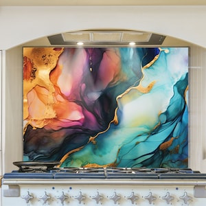 Marbled Ink Tempered Glass Kitchen Backsplash Panel