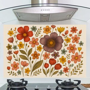 Intricate Botanical Illustration 5/32″ kitchen glass backsplash, Tempered Glass Kitchen Decor, Glass Backsplash Panel, Stove Top Cover