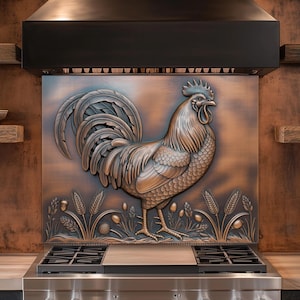 May include: A copper-toned rooster relief sculpture mounted above a stainless steel gas range. The rooster is detailed with feathers and stands amidst wheat stalks. The kitchen features wooden shelves and a black range hood.