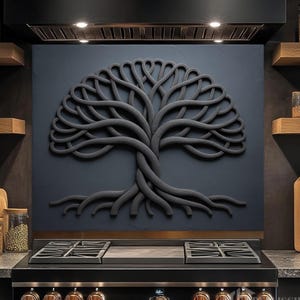 May include: A dark gray, three-dimensional tree sculpture mounted on a dark blue wall above a black stove. The tree's trunk and branches are intricately designed. Wooden shelves and jars of food are visible.