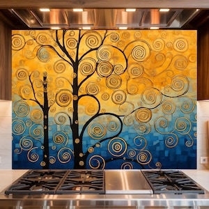 May include: A decorative kitchen backsplash featuring a stylized tree design. The artwork showcases a black tree silhouette with swirling branches and golden spiral accents against a gradient background of yellow and blue hues.