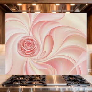 May include: A decorative kitchen backsplash featuring a large, stylized pink rose at the center. The floral design has swirling petals in shades of pink and cream, creating a soft, elegant aesthetic. The backsplash is installed behind a stainless steel gas range.