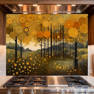 Golden Abstract Forest Glass Backsplash: Tempered Kitchen Decor Panel