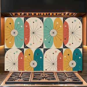 May include: A decorative kitchen backsplash with a retro design. The pattern features repeating oval shapes in teal, yellow, and red, with starburst-like designs. The background is off-white, and the overall style is mid-century modern.