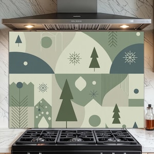 Abstract Moss Green Geometric Pattern 5/32″ Kitchen Glass Backsplash, Tempered Glass Kitchen Decor, Glass Backsplash Panel, Splashback Top