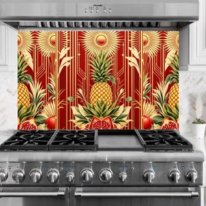 Pineapple Royale Vintage Fruit Symphony  5/32″ kitchen glass backsplash, Tempered Glass Kitchen Decor, Glass Backsplash Panel