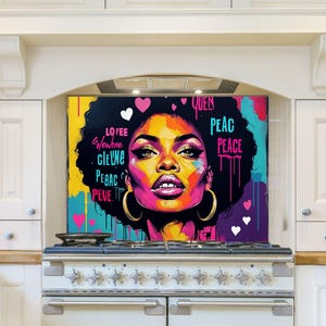 Afro-Punk Mural Portrait of Confident African Woman 5/32″ kitchen glass backsplash, Tempered Glass Kitchen Decor, Glass Backsplash Panel