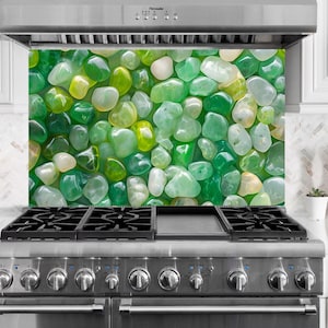 Colored Green Stones 5/32″ kitchen glass backsplash, Tempered Glass Kitchen Decor, Glass Backsplash Panel, Stove Top Cover for Splashback