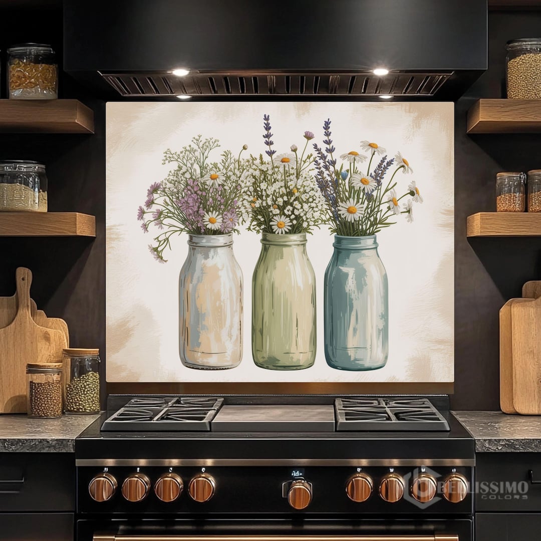 Jar Panel Example Farmhouse Mason Jar Panel, Floral Kitchen Backsplash Art, Rustic Stove ...