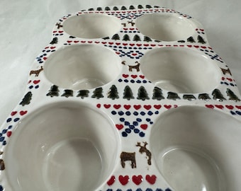 Christmas Winter Cupcake Muffin Pan Ceramic Baking Dish Handmade Pottery 1