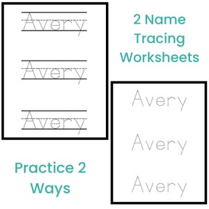 May include: Two printable worksheets for practicing writing the name Avery. The first worksheet has three lines with dotted letters to trace. The second worksheet has three blank lines to write the name Avery.