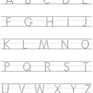 May include: A black and white worksheet with dotted letters of the alphabet, A through Z, for tracing practice.