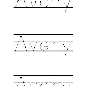 May include: Printable worksheet with three lines for practicing writing the name Avery. Each line has dotted letters to help guide the user.