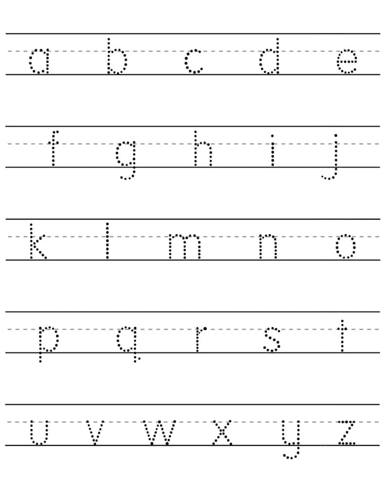 May include: A worksheet with dotted lines for tracing the English alphabet in uppercase. The letters are arranged in rows, starting with "a" and ending with "z".