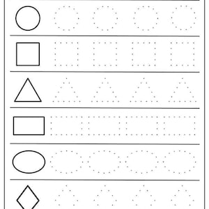 Puede incluir: Una hoja de trabajo en blanco y negro con líneas punteadas para trazar varias formas, incluyendo círculos, cuadrados, triángulos, rectángulos, óvalos y diamantes.