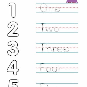 May include: A worksheet for kids to practice tracing the numbers one through five. The numbers are large and bold, and the words are written in dotted lines for tracing. A purple monster with antennas is at the top of the page.