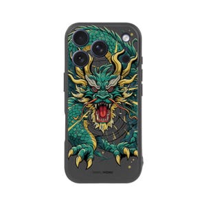 May include: A black phone case with a detailed illustration of a green and gold dragon with an open mouth. The dragon design is set against a dark background. The text "SIMPLYMDRN" is at the bottom.