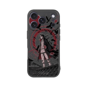 May include: Black phone case featuring a red and gray anime-style illustration. The design includes a character in a black cloak with red accents, surrounded by crows and a red circular background. The case has a matte finish.