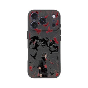 May include: A black phone case featuring a graphic of a character with black hair and a red cloak, surrounded by black and red birds. The case has a dark gray background and a glossy finish.