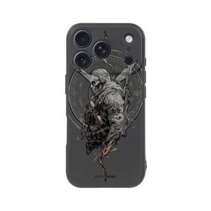 May include: A dark gray phone case featuring a detailed illustration of a skull-faced soldier in camouflage gear, set against a circular, gear-like background. The case has multiple camera lenses and the text "SIMPLY DARK" at the bottom.