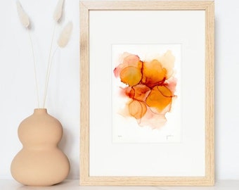 Original Alcohol Ink Painting: Abstract Orange Flow Art (6x4 inches)