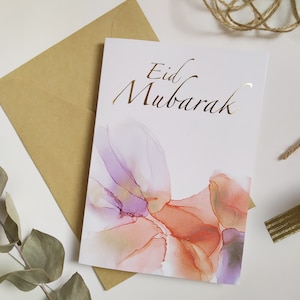 Tarjeta de felicitación Eid Mubarak con sobre, tarjeta Eid negra o calígrafa de lámina caliente dorada, diseño original tarjeta Eid en blanco en el interior, papelería Eid