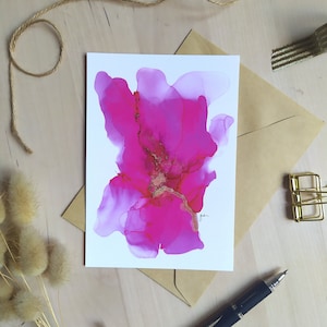 Cartolina d'arte astratta rosa e oro, biglietto A6 con busta, biglietti di ringraziamento botanici artistici, biglietti di auguri di cancelleria rosa vuoti all'interno