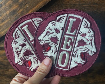 Vintage Leo Patch: Embroidered Zodiac Lion, Burgundy & White (5" Diameter)