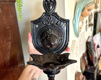 Vintage Cast Iron Wall Sconce: Black Metal Gothic Candle Holder