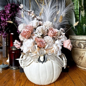 Halloween floral arrangement, pumpkin flower arrangement, gothic home decor, white Halloween decor, victorian gothic decor, centerpiece