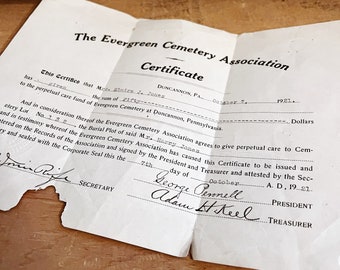 Certificado de parcela del cementerio Evergreen de 1921: Objetos efímeros antiguos